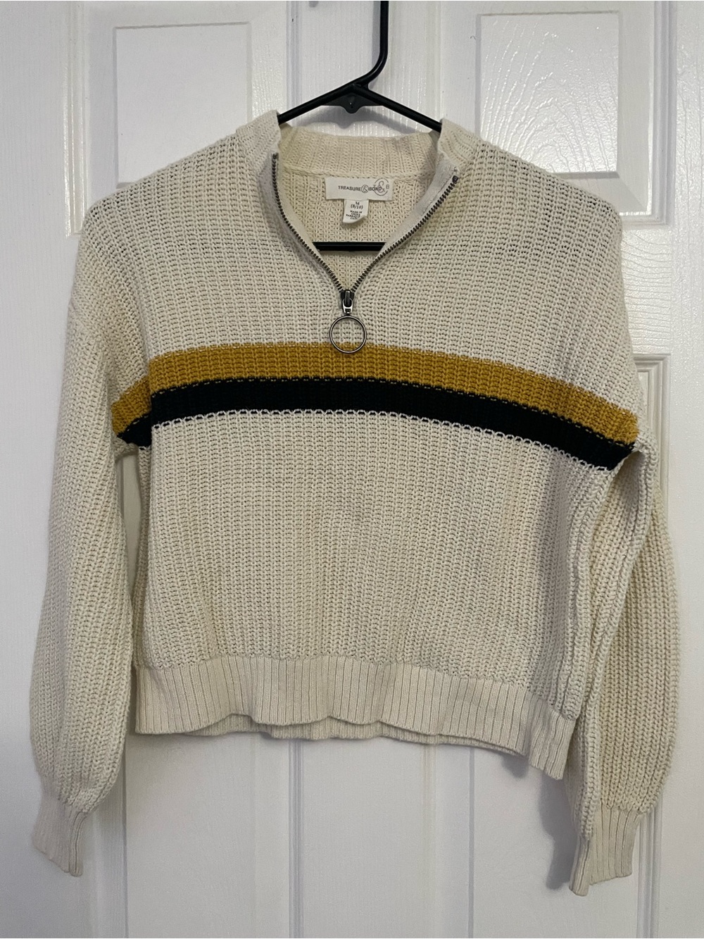 Treasure & Bond Cream Half-Zip Sweater with Mustard and Black Stripes